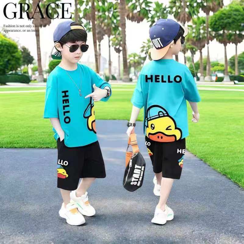小黄鸭2025夏季儿童圆领卡通印花套装男童夏装短袖运动服两件套潮