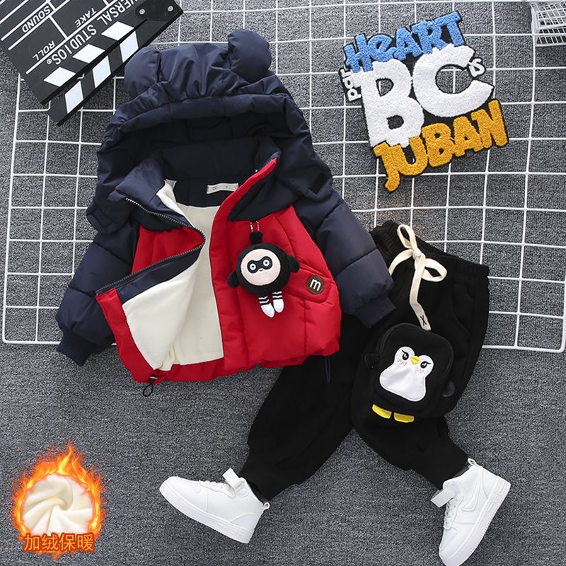 小童加绒冬季棉袄套装男女宝宝加厚带帽卡通蛋仔手工棉衣超萌外套