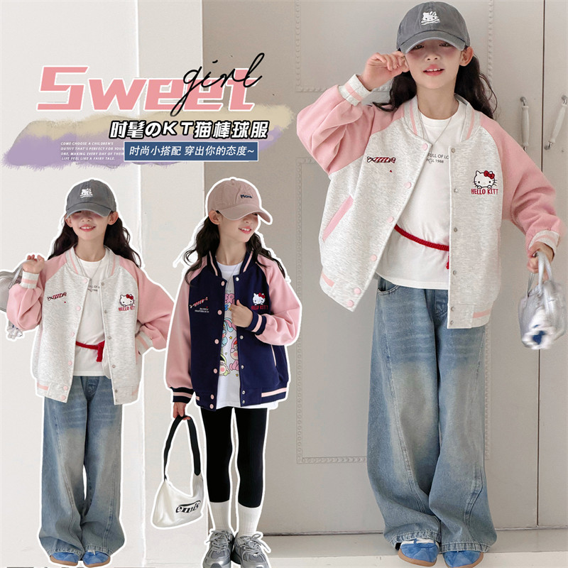 女童卡通棒球服外套春秋款2026新款女中大童KT猫夹克衫女孩春装潮