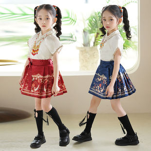 小黄鸭布咚马面裙儿童套装2026中国风汉服古风小女孩唐装半身裙