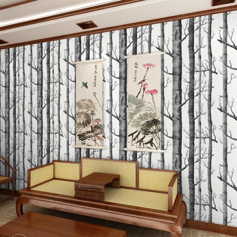 特色北欧森林墙纸3d立体白桦林黑白树枝树干客厅电视床头背景壁纸