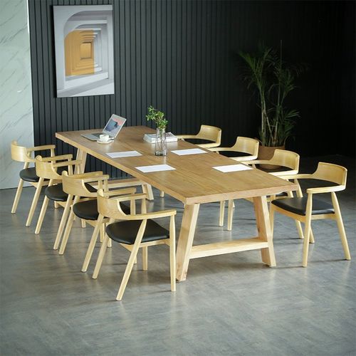 原木色休闲公司工作会议桌椅组合创意全实木图书馆阅读室长桌子