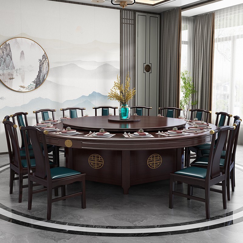 酒店电动餐桌大圆桌新中式实木圆桌15人会所2米m吃饭桌子包厢大桌