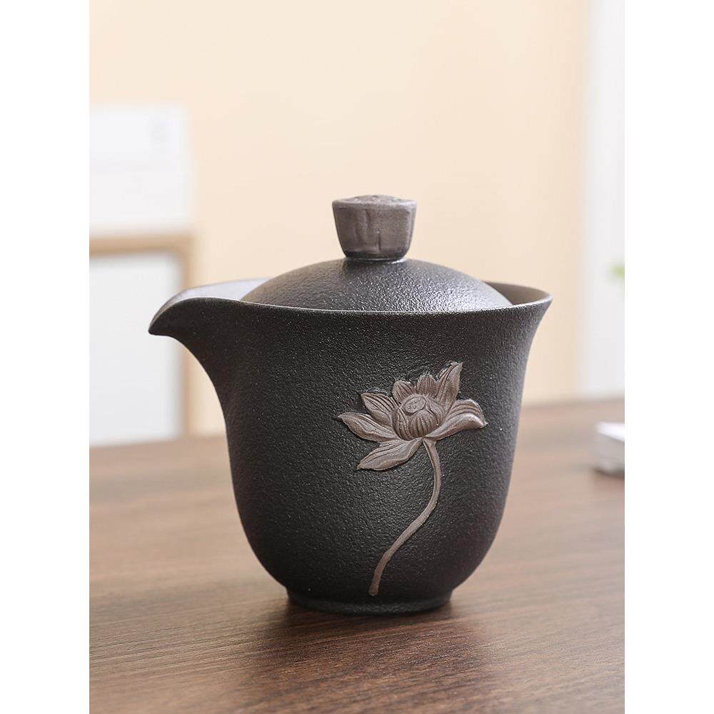 荷韵功夫茶具盖碗一壶二杯旅行便携式户外小套套装泡茶器具陶瓷黑