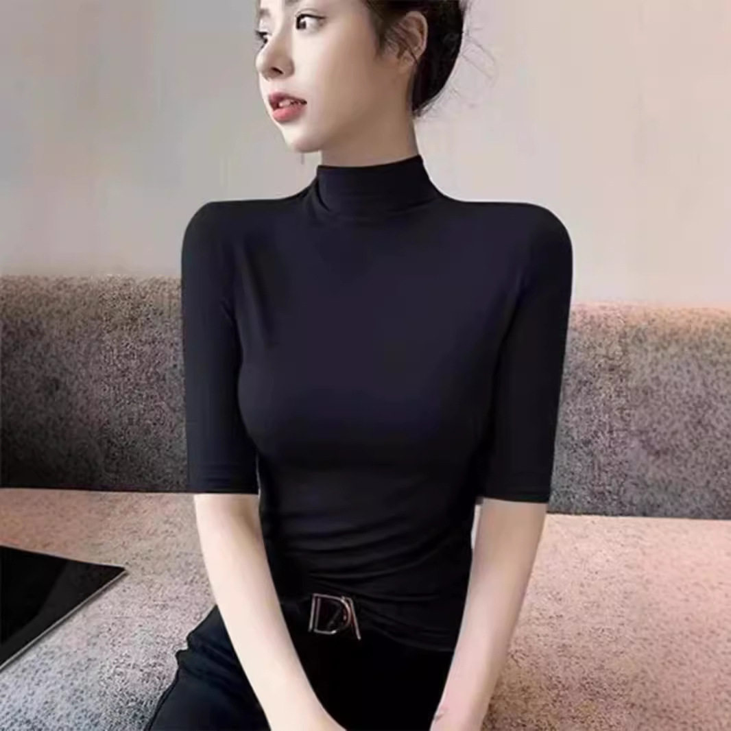 半高领五分袖T恤女士春秋莫代尔螺纹中袖体恤修身内搭打底衫上衣