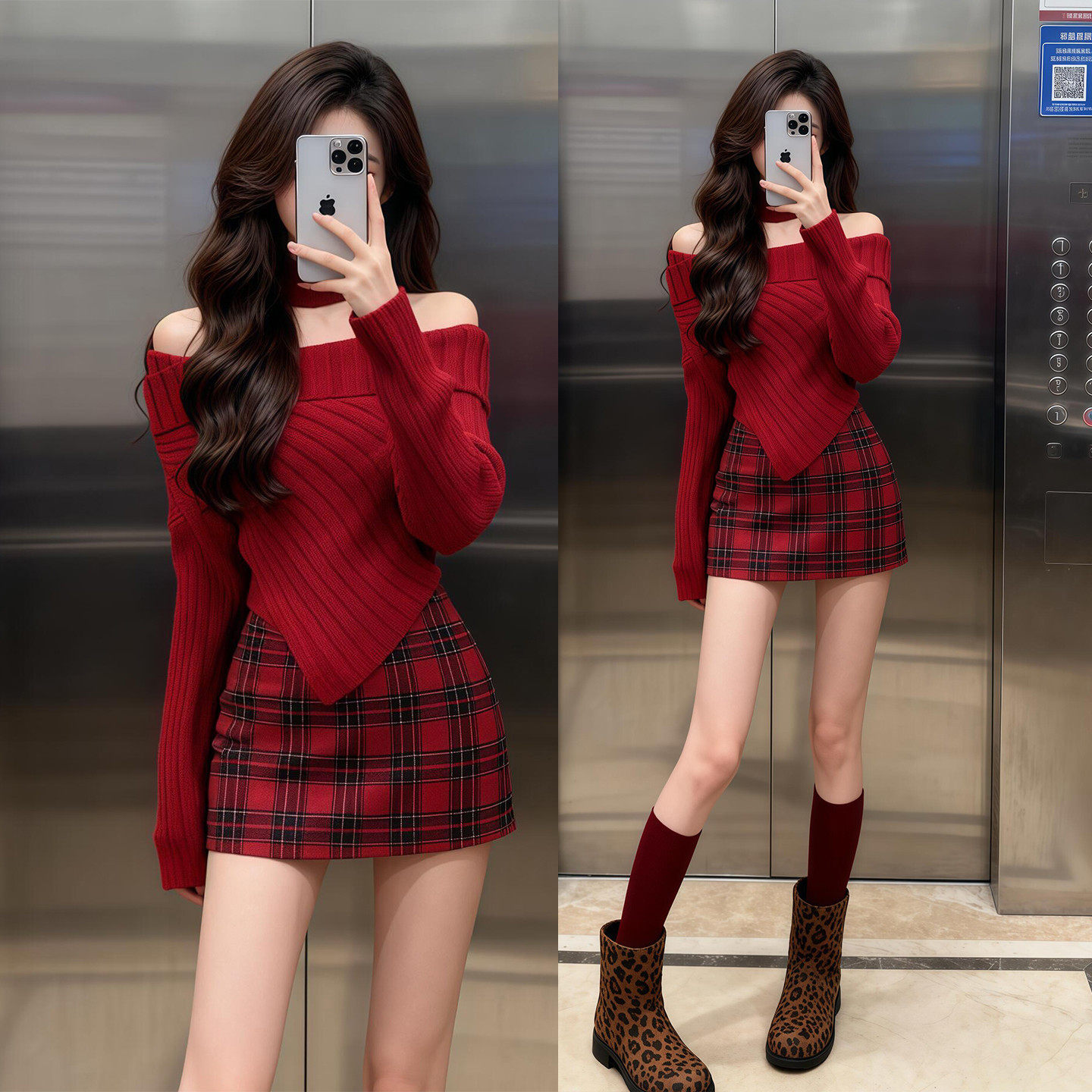 新年战袍红色一字肩针织套装裙子女秋冬2026新款巨好看格子包臀裙