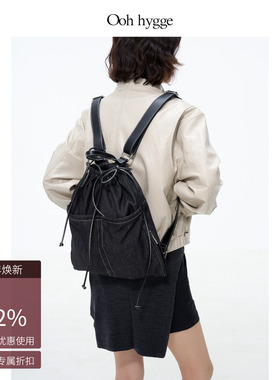 Oohhygge.丹宁牛仔双肩包简约休闲皮质肩带背包通勤轻便实用包包