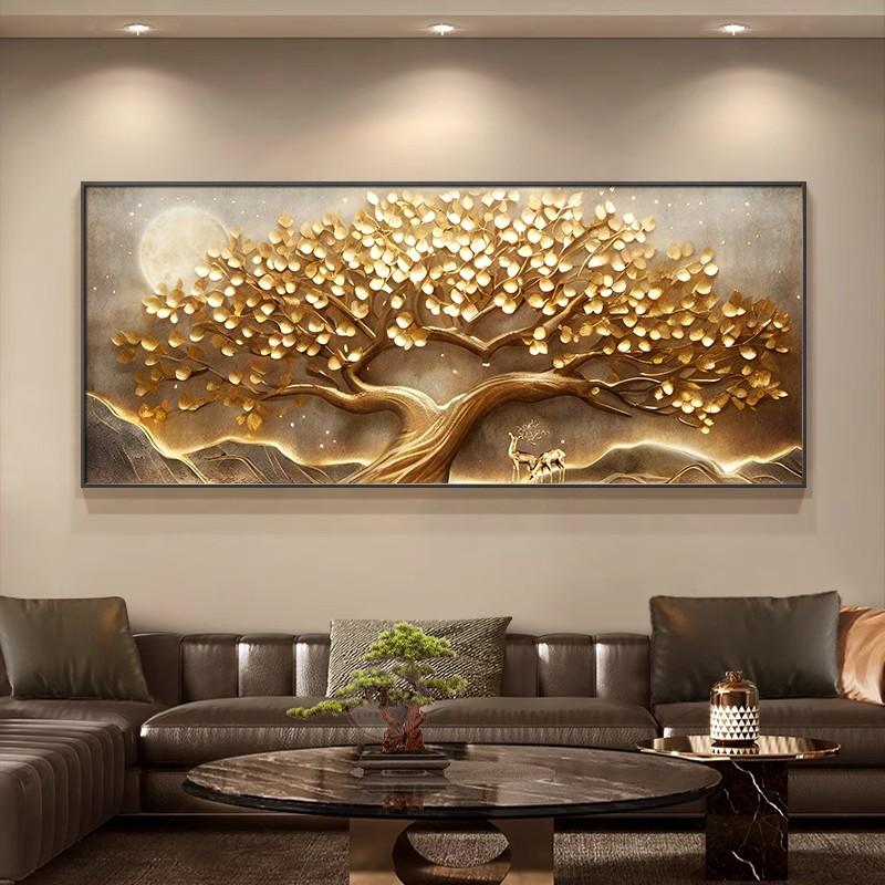 轻奢高级感发财树客厅装饰画墙壁挂画横幅壁画浮雕立体感沙发背景图片