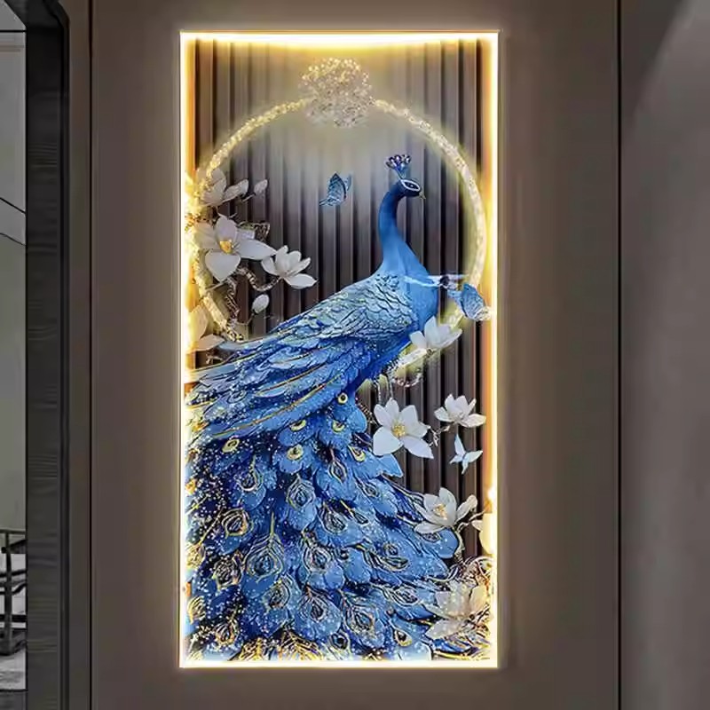 晶瓷镶钻装饰画客厅孔雀玄关过道走廊挂画新中式高档壁画led灯画图片