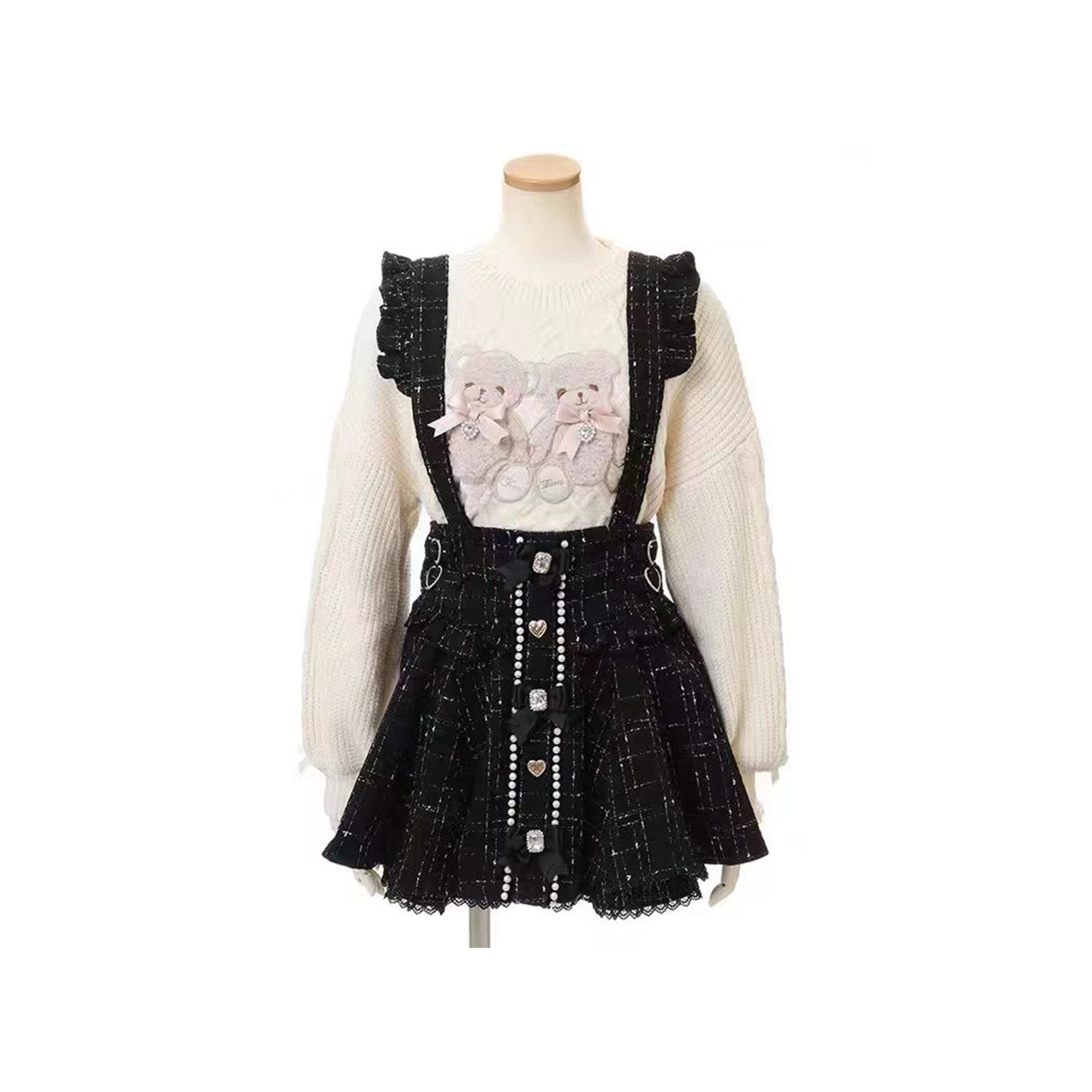 日系甜妹小香风高腰显瘦减龄粗纺呢蕾丝珍珠背带裙