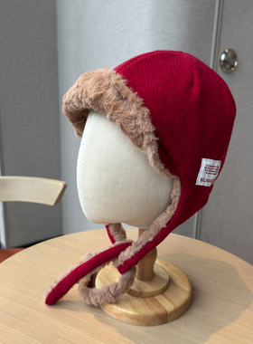 韩系红色毛绒保暖雷锋帽子女秋冬加绒绑带户外护耳帽防寒飞行员帽