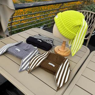 新款荧光绿条纹长耳朵保暖针织毛线帽女显脸小韩版百搭套头帽子