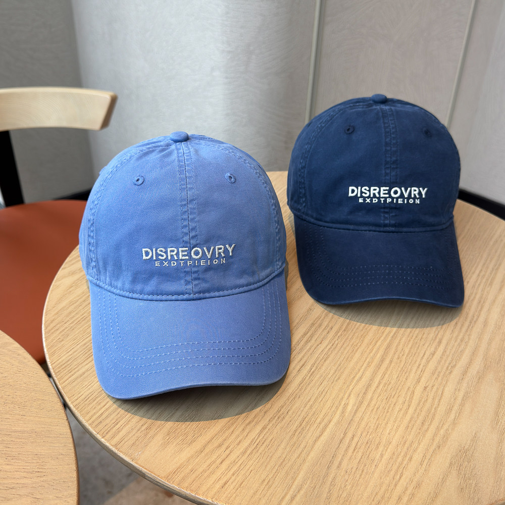 韩版学院风字母刺绣蓝色棒球帽男女纯棉宽帽檐显脸小遮阳鸭舌帽子