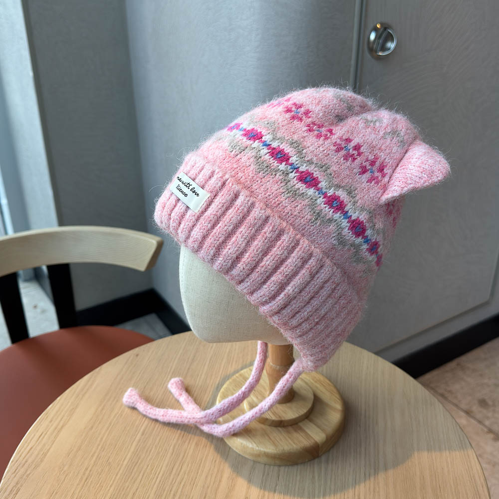 新款可爱猫耳朵提花针织帽子女