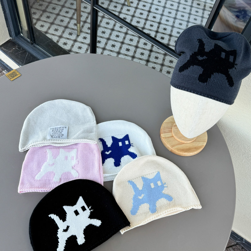 韩国博主小猫针织帽女秋冬百搭街头冷帽显脸小包头帽薄款毛线帽潮