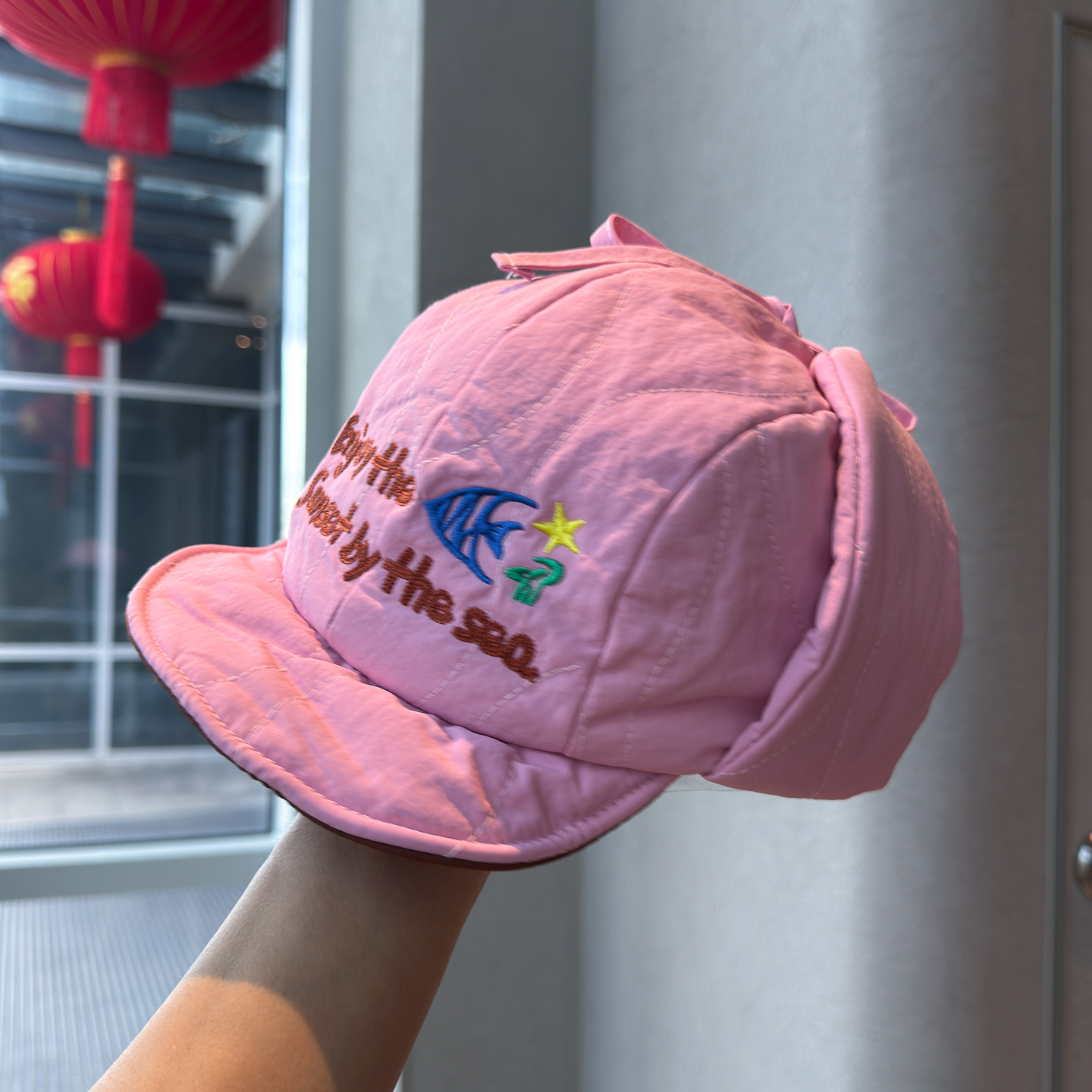 韩系可爱轻薄夹棉粉色刺绣雷锋帽