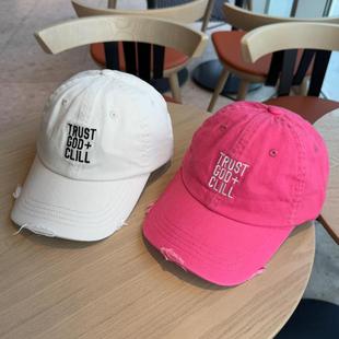 韩版湖蓝色刺绣破洞棒球帽女大头围百搭时尚户外遮阳鸭舌帽子男