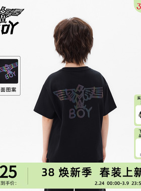 BOY童装26春夏新品黑色老鹰印花短袖T恤男女同款圆领上衣