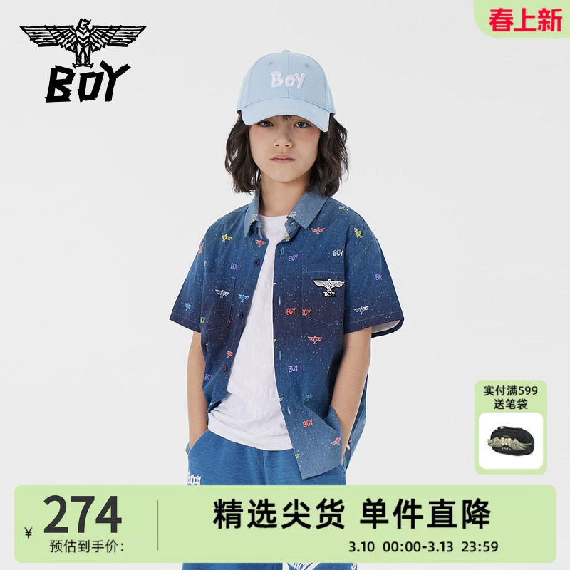 BOY 童装儿童短袖衬衫春夏字母印花深蓝牛仔色上衣男童女童