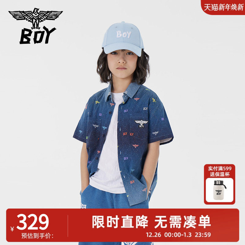 BOY 童装儿童短袖衬衫春夏字母印花深蓝牛仔色上衣男童女童