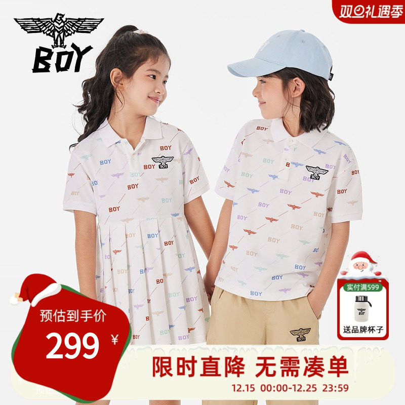 BOY童装 女童夏季POLO短袖裙彩色老花运动洋气百褶连衣裙