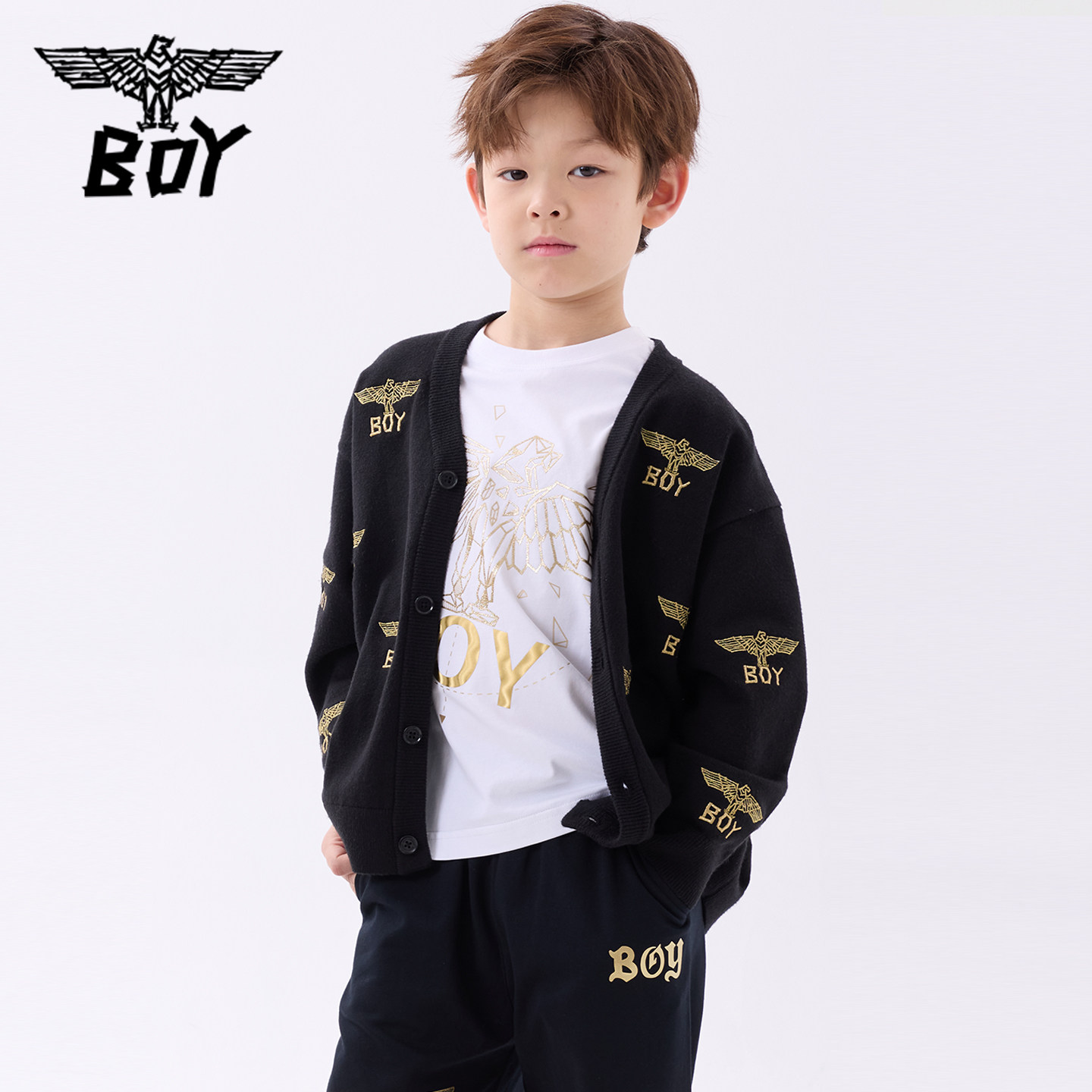 BOY童装  春秋季潮牌金色老鹰logo绣花针织开衫毛衣外套男女童