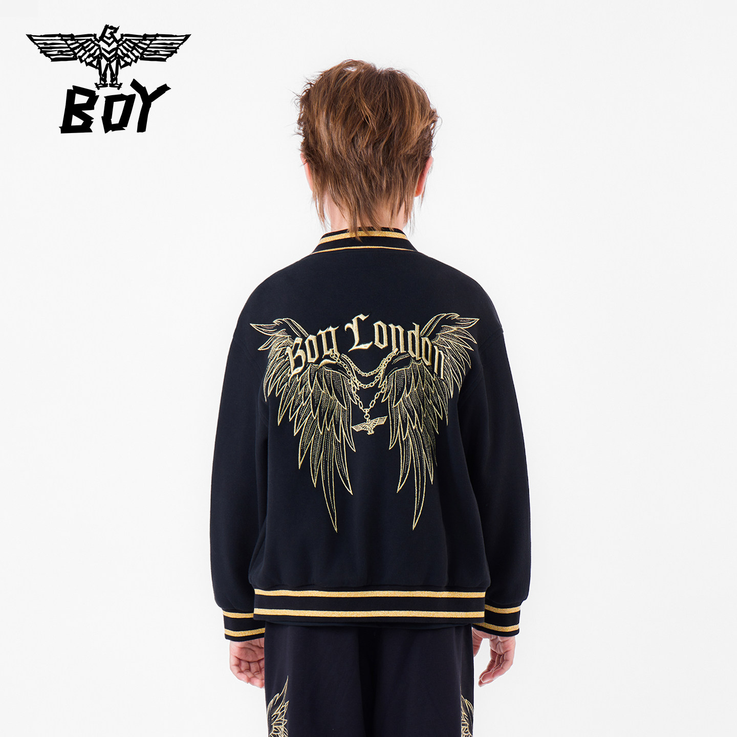 BOY童装26春新品潮牌翅膀刺绣棒球服男女美式立体绣外套黑色
