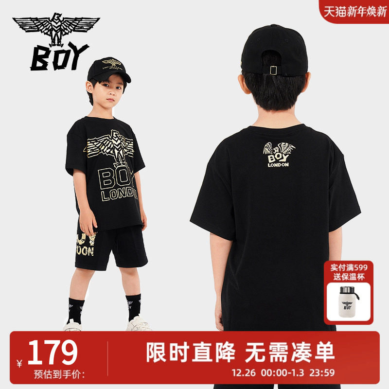 【胜利之鹰】BOY童装儿童潮流短袖男女童春季黑色圆领朋克印花T恤