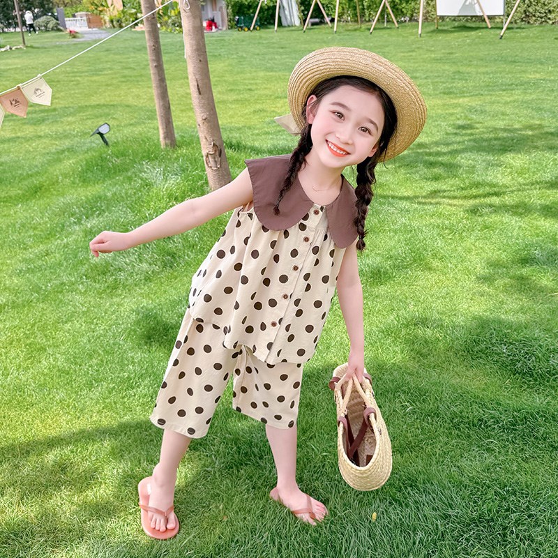 儿童翻领波点套装夏装2024新款童装小童七分裤两件套女童夏款洋气