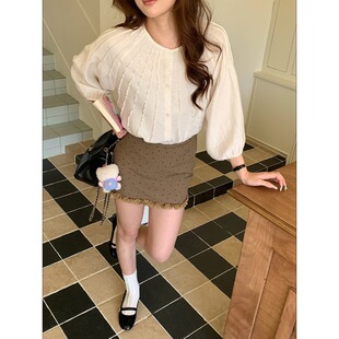 3th Morning 早春新款 亚麻混纺设计感压褶七分袖衬衫ZY3871