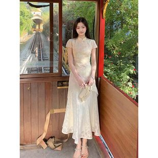 月华绣影镂空碎花连衣裙女春夏蕾丝假两件新中式绝美改良旗袍日常