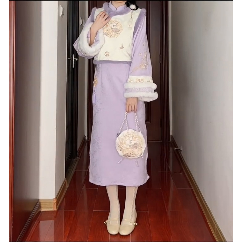 新中式马甲加绒加厚国潮小香风复古风冬季马甲旗袍套装女2024改良