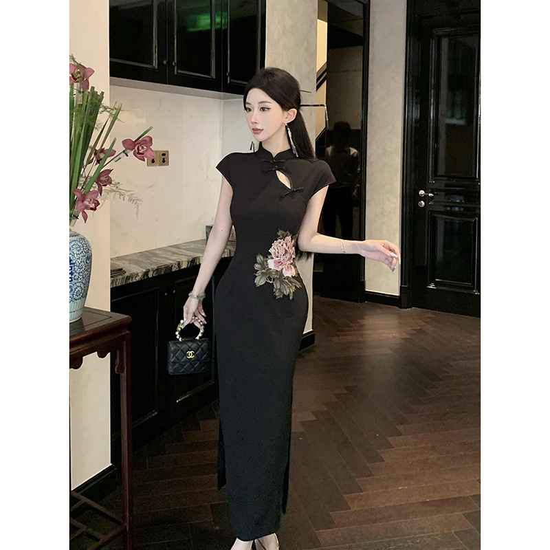 复古新中式改良玫瑰刺绣旗袍连衣裙女夏季修身显瘦气质黑色长裙