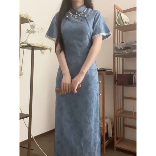 新中式国风改良蓝色旗袍裙