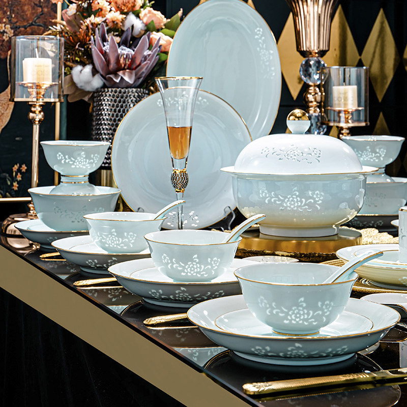 高温釉下彩玲珑瓷餐具景德镇高岭土青瓷碗盘碗碟套装家用乔迁新居,餐饮具,碗,淘宝优惠券,粉丝福利购,淘宝优惠卷