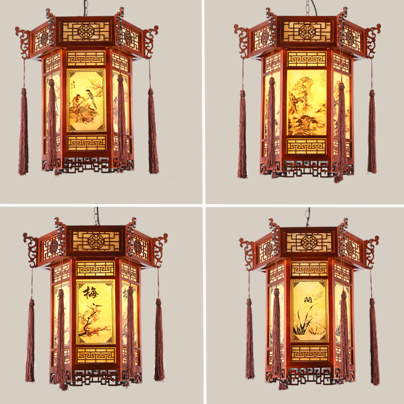 中式吊燈實(shí)木飯店茶樓包廂走廊羊皮燈宮廷寺廟仿古燈火鍋店門口燈