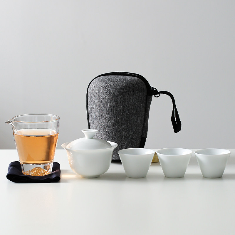 简约便携式旅行茶具套装白瓷快客杯一壶三杯户外露营随身茶具盖碗图片