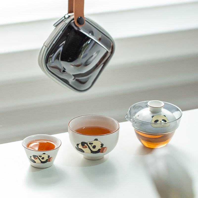 熊猫旅行茶具快客杯玻璃便携式户外旅游功夫茶具一壶两杯陶瓷茶具图片