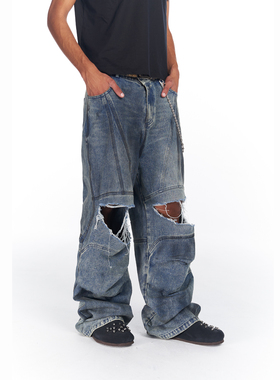 PRDX高街做旧重工水洗工艺直筒蓝色阔腿秋季新款潮流破洞牛仔裤