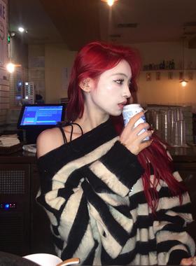 PRDX秋冬新款条纹吊带宽松破坏徽章针织衫套头高街男女潮圆领毛衣