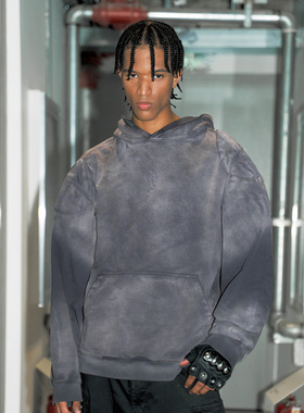 PRDX秋冬新款高街美式潮流街头嘻哈晕染水洗重工连帽套头外套卫衣