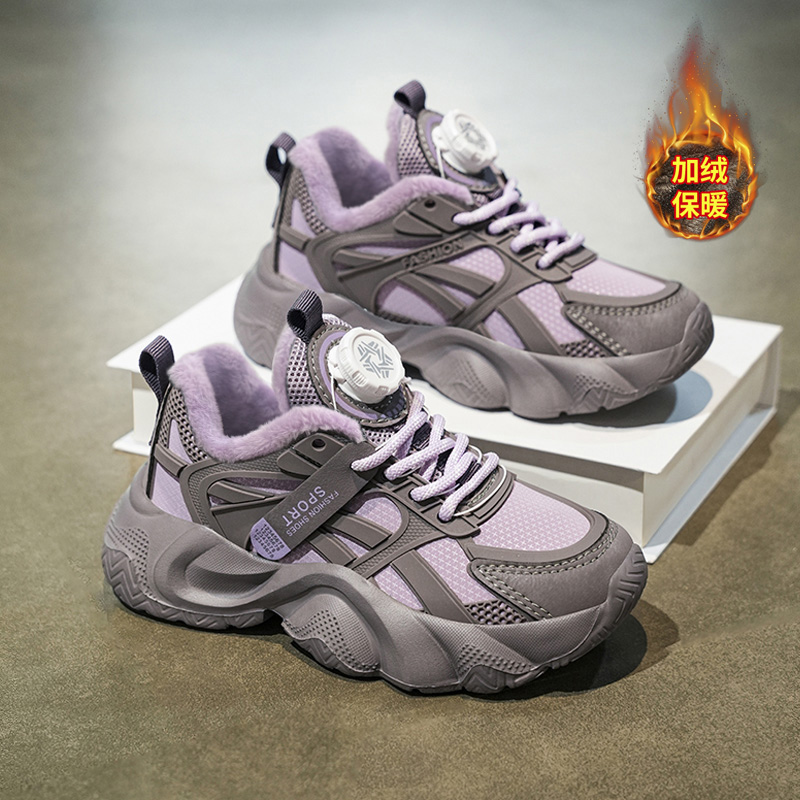 剑桥女童鞋2025新款加绒二棉鞋皮面薄绒儿童运动鞋女旋转扣老爹鞋