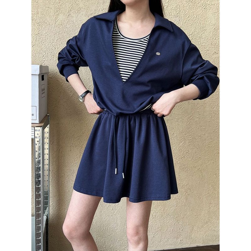 鹿西 韩系减龄套装女春季新款假两件卫衣+松紧半身短裙两件套