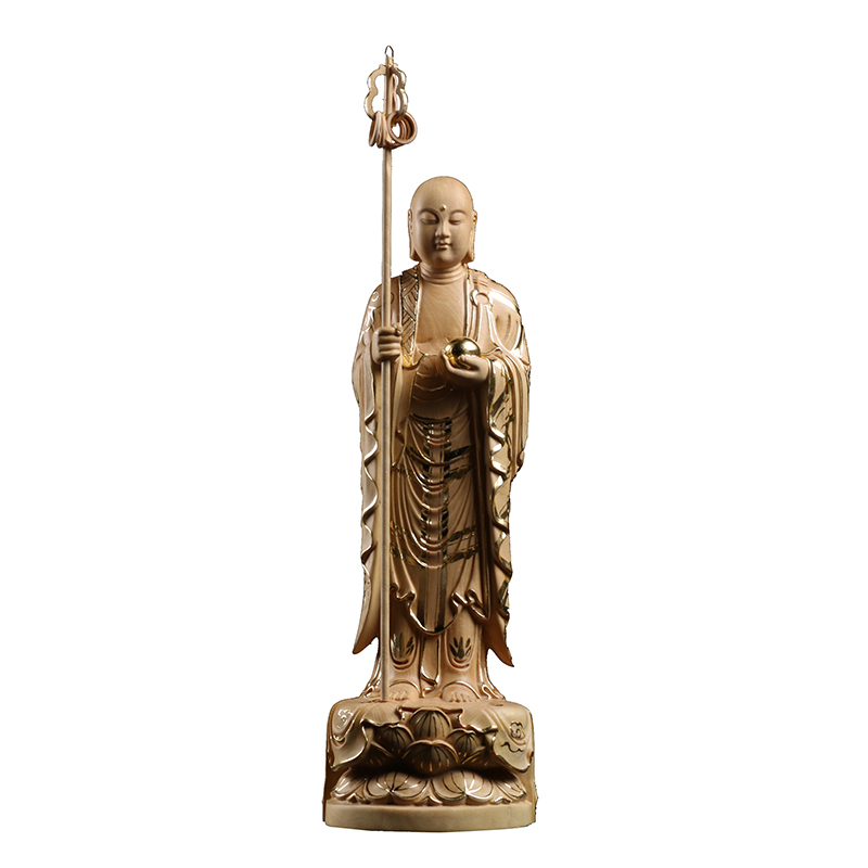 小叶黄杨木雕贴金中式摆件家居饰品佛像供奉文化娑婆三圣地藏菩萨