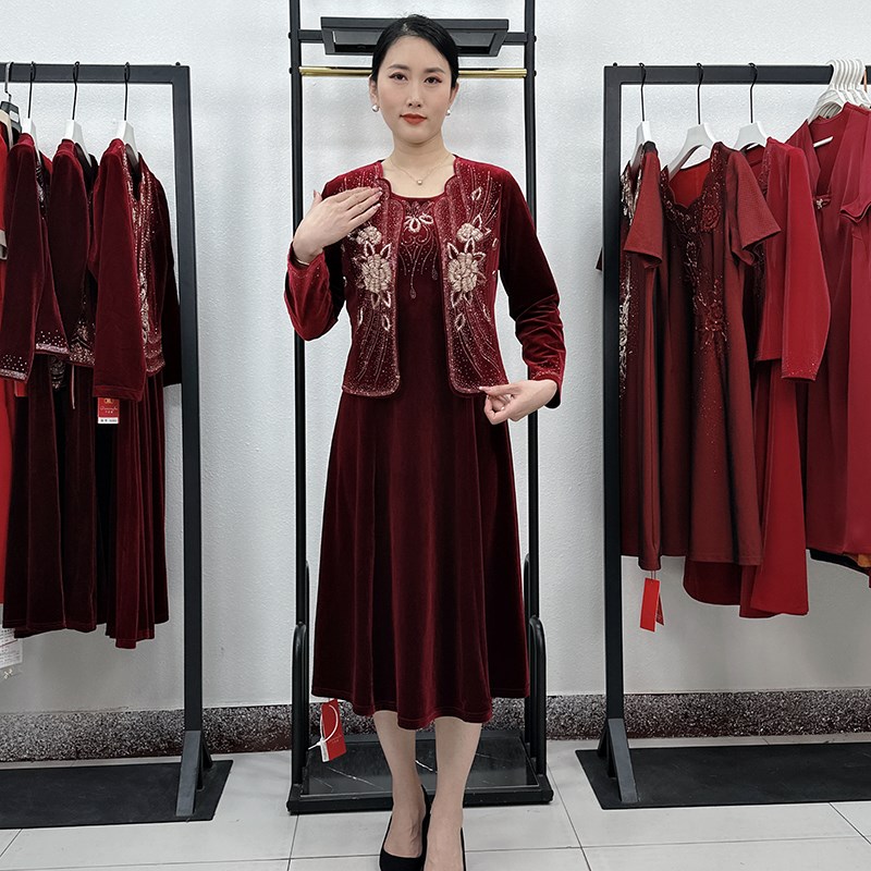 高端妈妈婚礼服两件套连衣裙秋小个子大码气质喜婆婆婚宴装套装裙