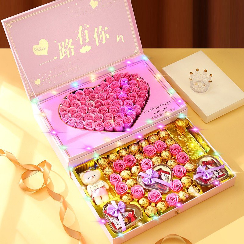 七夕情人节牛奶巧克力礼盒装创意双层玫瑰花送女朋友礼物表白生日