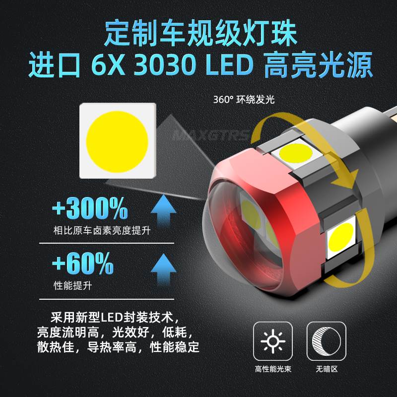 W5W示宽灯改装T10高亮灯泡超亮示廓透镜日行车灯冰蓝LED小灯聚光