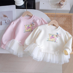 女宝棉质蕾丝花边上衣裙洋气蝴蝶结童装 女童卡通卫衣25新款 春秋季