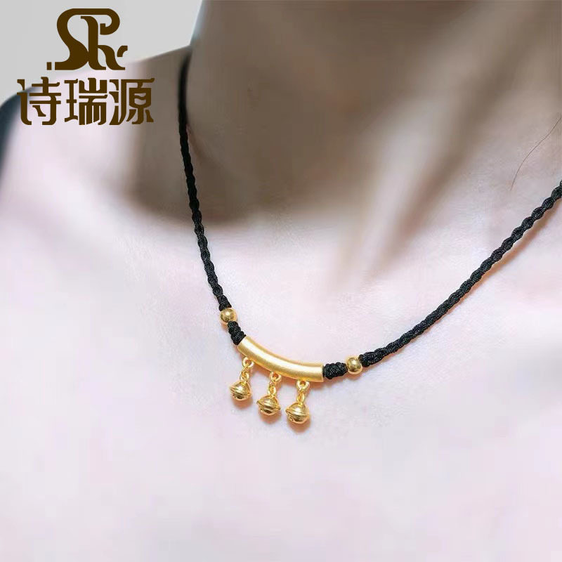 3D硬金黄金弯管铃铛吊坠女999足金手工编绳项链本命年红绳锁骨链