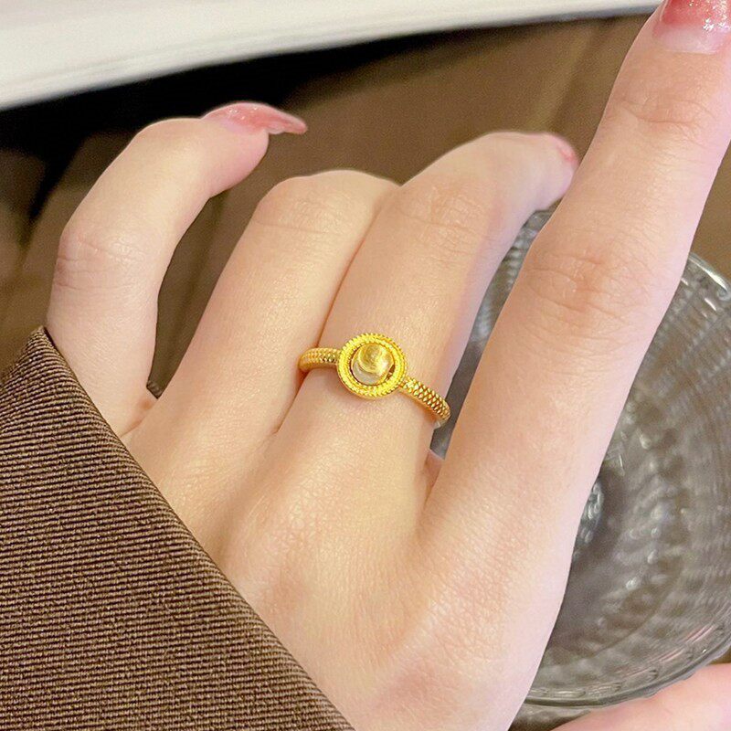 5G黄金猫眼戒指女款足金999时来运转指环纯金正品实心活口金戒指